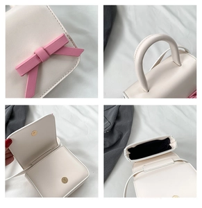 Detailed views of mini off-white crossbody bag with pink bow and magnetic closure