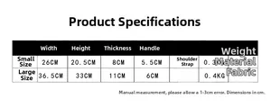 Size chart showing dimensions for small and large quilted backpacks with dog patterns