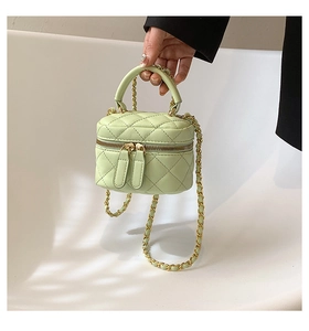 Close-up of light green quilted mini bag with gold chain strap and dual zipper closure