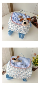Detailed views of quilted cotton backpack with blue bunny print and plush dog ornament