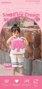 Detail of pink ice cream shell backpack with 3D fluid design and wide S-shaped straps