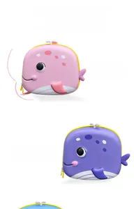 Detail of pink and purple whale 3D cartoon kids backpack with EVA hard shell storage