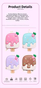 Detail view of cartoon ice cream backpacks showing size 24x28x10cm in four pastel colors