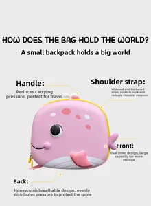 Pink whale backpack detail with padded shoulder straps and breathable honeycomb back panel