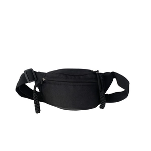 Minimalist black canvas chest bag for kids featuring adjustable nylon strap and woven puller