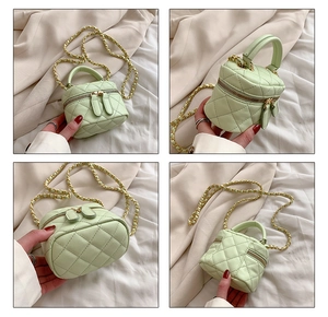 Detailed four-way view of mint green quilted mini crossbody bag with gold chain strap