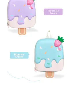 Detail of cute popsicle-shaped EVA hard shell kids backpacks in purple and blue colors