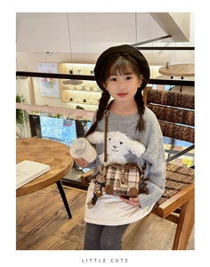 Brown checkered crossbody bucket bag for kids with a cute rabbit plush doll pendant