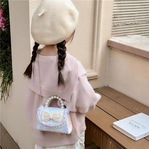 Chic blue tweed girls handbag with pearl bow and handle for stylish little princess