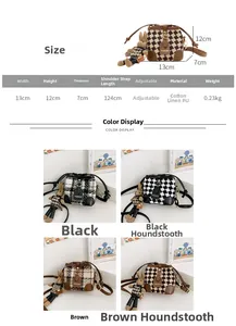 Detailed size specifications for kids bucket bag showing 13x12x7cm dimensions and materials