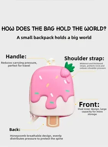Detail of pink ice cream backpack featuring breathable honeycomb mesh back and padded straps