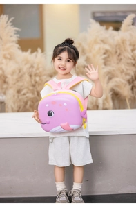 Pink cartoon whale toddler backpack with 3D EVA hard shell and yellow zippers