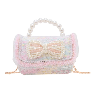 Colorful tweed mini bag with pearl bow, lace trim and gold chain strap for kids