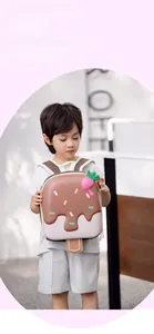 Detailed view of kids cartoon chocolate ice cream backpack with strawberry accent