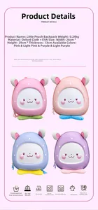 Detailed view of kids' cartoon rabbit backpack specs in four colors, pink and purple