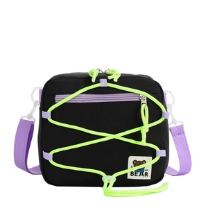 Cool kids crossbody bag in black and purple with neon green bungee cord detail