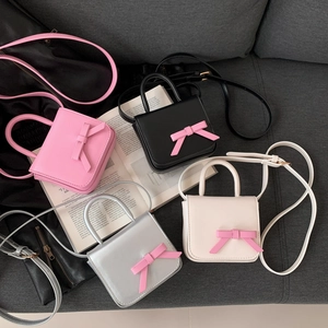 Women Mini Crossbody Bag Sweet Pink Bow Contrast Color PU Leather Square Top Handle Small Handbag Y2K Fashion