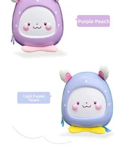 Dual-view of cute cartoon peach hard shell backpacks in purple and lavender tones