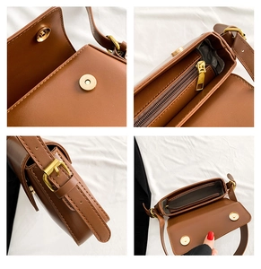 Detail of caramel PU leather shoulder bag featuring a magnetic flap and adjustable strap