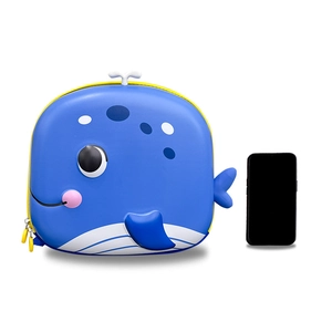 Cartoon blue whale EVA hard shell preschool backpack for kids with phone size comparison