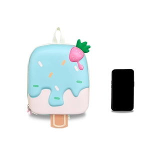 Cute ice cream shaped kids backpack in pastel blue and pink with strawberry detail