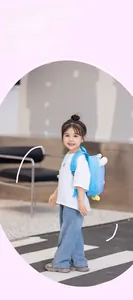 Cute cartoon rabbit toddler backpack in light blue and purple colors shown on child