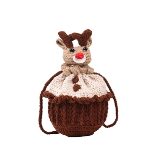 Handmade crochet Christmas reindeer crossbody bag for kids in brown and beige yarn
