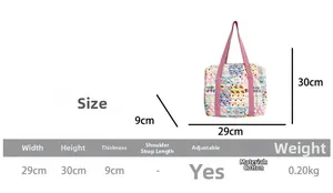 Size chart showing 29x30x9cm dimensions for floral quilted cotton kids crossbody bag
