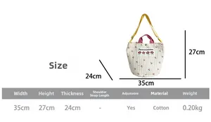 Guide des tailles montrant largeur 35cm et hauteur 27cm du sac en coton fleuri