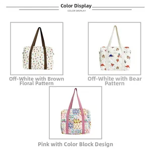 Detailed close-up of floral, bear, and checkered patterns on quilted cotton handbags