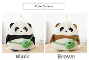 Detail showing cute panda backpacks in black and brown colors with sport accessory