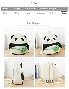 Detail view of cute panda kids backpack showing 28x32x9cm dimensions and adjustable straps