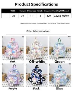 Tabella dettagliata di zaini leggeri in nylon per bambini in sei colori con dimensioni