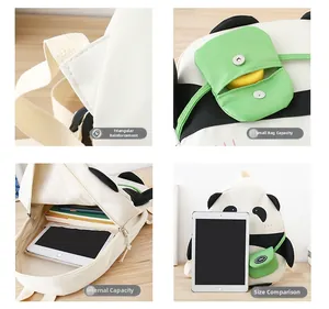 Detail of panda backpack showing reinforced straps, inner storage and mini green bag