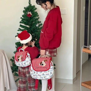 Quilted parent-child backpack set with red plaid dog design and festive cartoon print