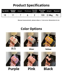 Detailed size chart and dimensions for the mini PU crossbody bag with bow decoration