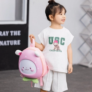 Pink cartoon rabbit backpack for toddlers with egg-shell shape and leaf detail
