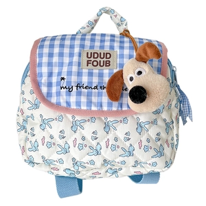 Quilted mini children backpack with blue puppy print and cute cartoon plush charm