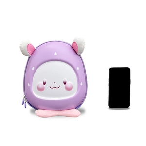 Cute purple cartoon rabbit hardshell backpack for kids with 3D ears and phone size reference