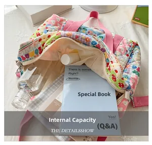 Close-up of quilted floral crossbody bag interior showing spacious storage for books