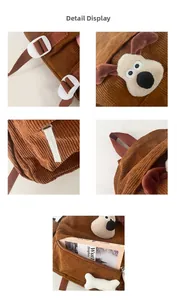 Detail showing plush dog embroidery and corduroy texture on children backpack