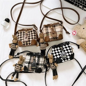 Girls Mini Bucket Shoulder Bag PU Leather And Plaid Tweed Lattice Fashion Korean Style With Cute Rabbit Charm