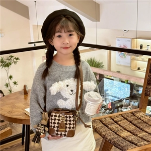 Fashionable kids plaid crossbody bucket bag with a cute rabbit plush doll pendant