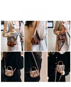 Détails de mini sacs à carreaux rétro montrant les styles bandoulière et main sur modèles