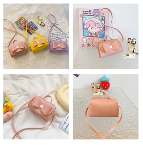Detailed views of mini bow crossbody bags for girls in pink, yellow, and purple PU leather