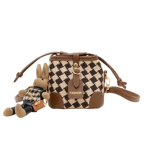 Retro plaid kids bucket bag with brown leather trim and cute rabbit doll pendant