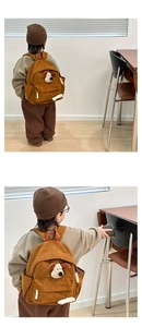 Detail view of a brown corduroy toddler backpack featuring a cute 3D puppy design