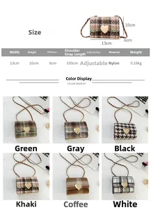 Detailed size guide and color display of kids vintage plaid mini crossbody bags