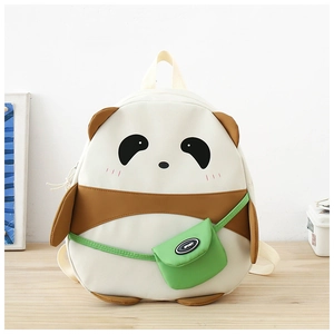 Detail of panda kids backpack showing small green crossbody bag and sport logo badge