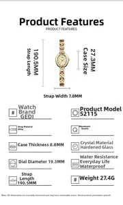 Detailed size specifications and technical parameters for the vintage gold women's quartz watch